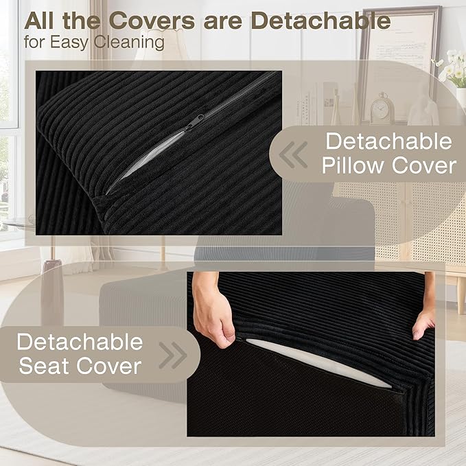Modular Sectional Sofa, Boneless Couches for Living Room, Corduroy Couch, Big Comfy Couch, Modular Cloud Sofa with Deep Seat (Black, 1 Piece-Middle Seat)