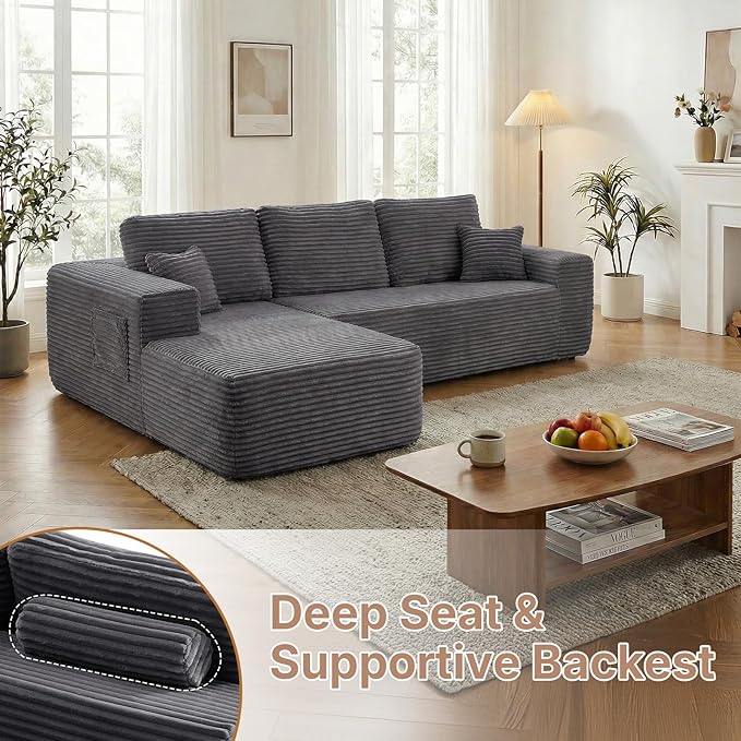 104 inch Boneless L-Shaped Sectional Sofa with Throw Pillow & Side Pockets- No Assembly Compressed Modular Couch, Memory Foam, Deep Seat for Living Room, Bedroom, Apartment Grey Left