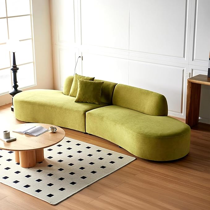132" Curved Sofa with Throw Pillows, 6 Seater Luxury Velvet Couch with Half Moon Design and High-Density Foam, Ideal for Modern Living Room, Office & Apartment, Olive Green