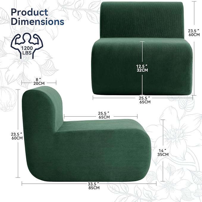 Boneless Couch 26" Single Sofa, 1 Seater Corduroy Couch, No Assembly Modern Compression Sofa in Box, Floor Sofa with Ergonomic Design for Living Room, Dark Green