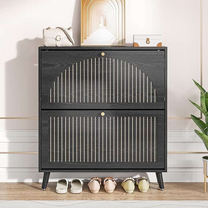Fsbecl Shoe Storage Cabinet for Entryway with 2 Flip Drawers, Narrow Wood Shoe Cabinet with Fluted Panel, Freestanding Hidden Shoe Organizer for Foyer, Hallway (Black - No Shelf) - Image 6