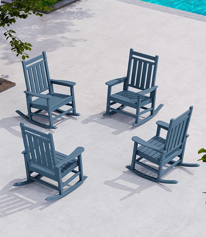 SERWALL Oversized Outdoor Rocking Chair Set of 4, HDPE Rocker for Adults, Patio Rocking Chairs for Porch, Blue by SERWALL