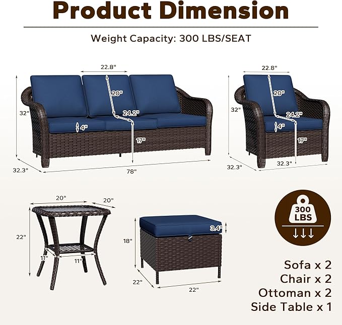 7 Piece Patio Wicker Conversation Set, 2 All-Weather Use Outdoor Wicker Sofa with 2 PE Rattan Ottomans,2 Chair, 1 Side Table, Ideal for Porch, Backyard, Balcony, Poolside, Beige