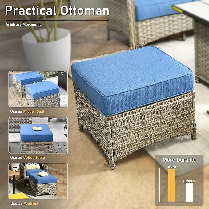 HOOOWOOO 6 Piece Patio Furniture Sets with Fire Pit Table,Outdoor Wicker Furniture Set,All Weather Resistant Outside High Back Rattan Conversation Set for Out Door(Diamond Blue)