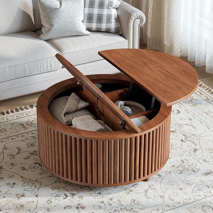 Evermagin 31.5'' Walnut Round Coffee Table, Fluted Lift Top Coffee Table with Large Storage, Mid Century Modern Small Center Table for Living Room