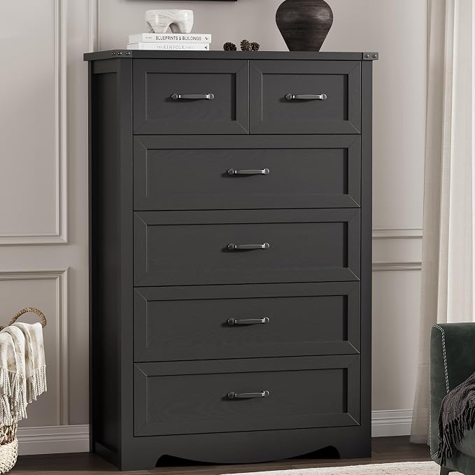 Dresser for Bedroom with 6 Drawers, 49" Tall Wood Chest of Drawers with Deep Drawers & Mental Handle, Modern Dresser TV Stand, Wooden Closet Storage Organizer for Living Room, Hallway, Entryway, Black - Image 8