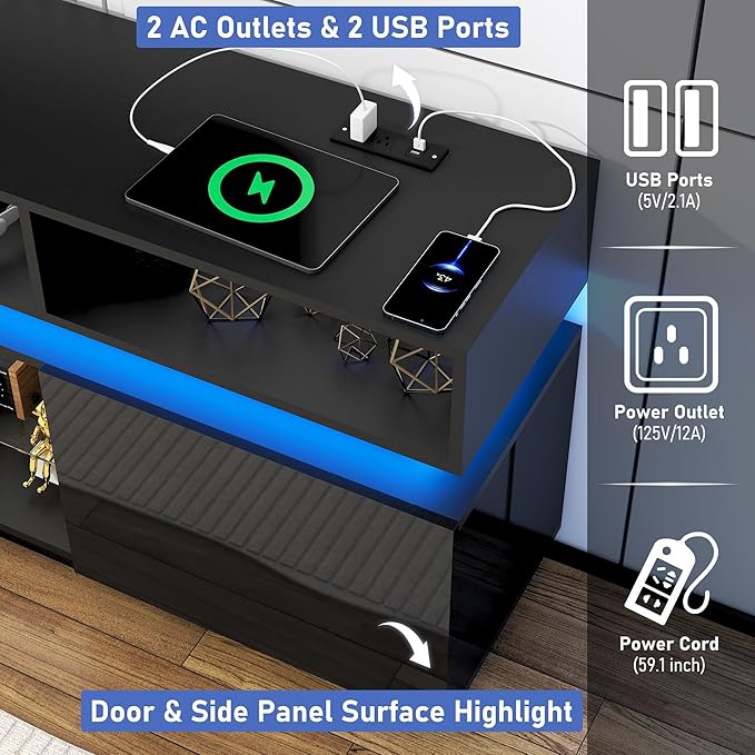 chartustriable LED TV Stand for 75 Inch TV, Modern Tall Entertainment Center with Power Outlets, High Gloss TV Stand, Gaming TV Media Console with Glass Shelf for Living Room, 63 Inch, Black - Image 3