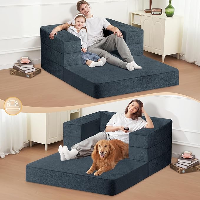 Futon Sofa Bed with Pillow, 3-in-1 Sleeper Sofa Bed with Removable Cover, Convertible Floor Sofa Bed, No Assembly Boneless Couch for Living Room, Bedroom