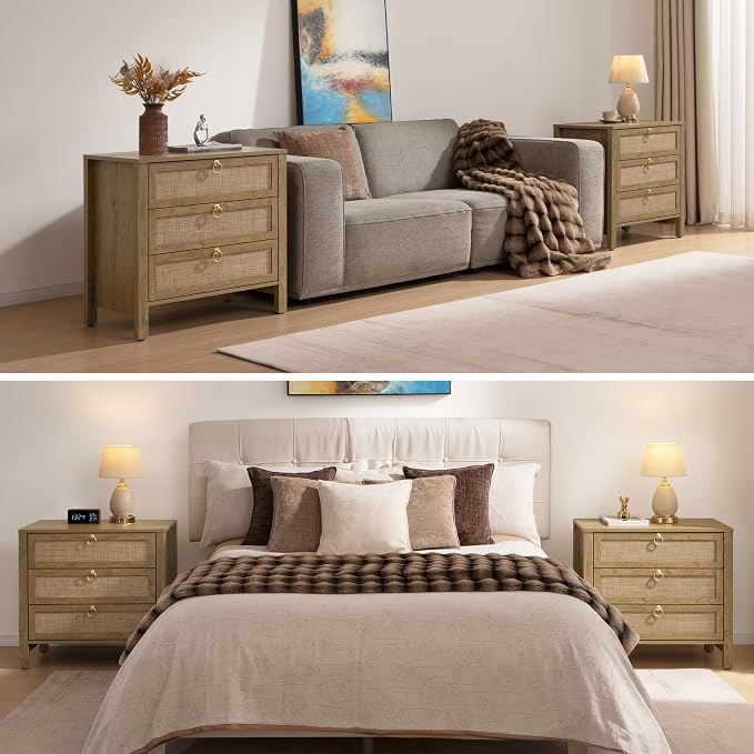 SICOTAS Nightstand Set of 2 with Drawers, Rattan Nightstands, Large Modern Boho Night Stand Wide Bedside Tables for Bedroom - Image 6