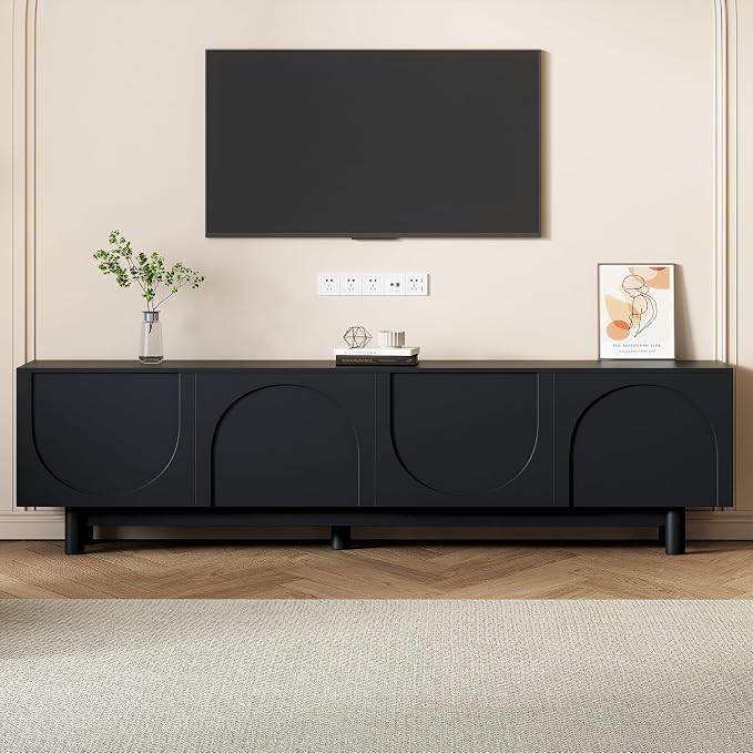 ON-TREND Graceful TV Stand with Arch Cabinets for TVs Up to 78'', Minimalist Entertainment Center with Solid Wood Legs, Practical Media Console with Adjustable Shelves for Living Room, Black - Image 2