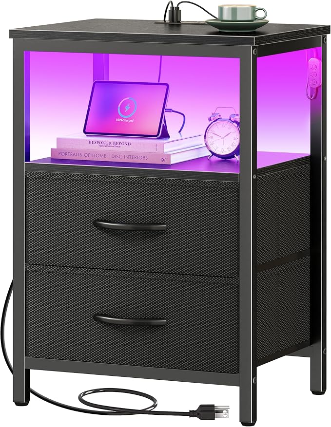 Huuger Night Stand with Charger Station and LED Lights, 2 Drawer Nightstand, Bed Side Table with Open Shelf, End Table, Fabric Dresser for Bedroom, Black by Huuger