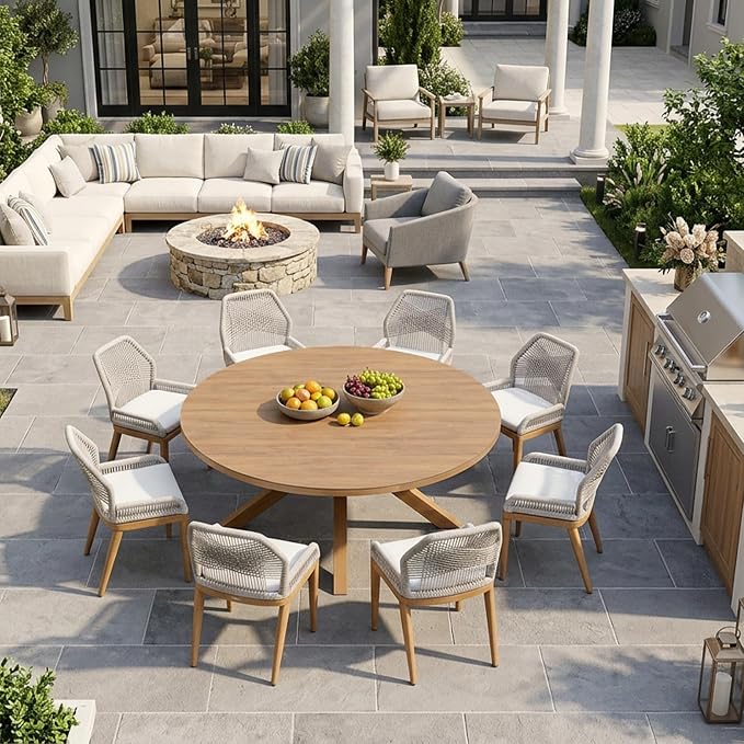 PURPLE LEAF 9 Pieces Round Dining Set Patio Aluminum Modern Round Table and Wicker Chairs with Cushions for Kitchen Backyard Garden Outdoor Furniture Sets, Teak by PURPLELEAF