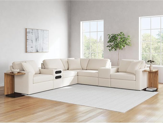 Signature Design by Ashley Modern Modmax Stain Resistant L-Shape Symmetrical 7-Piece Balanced Sectional with Audio and Storage Consoles, Beige