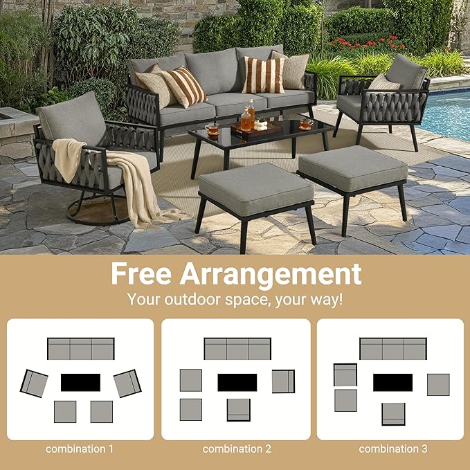 Weaxty Modern Patio Furniture Set 6 Piece, Rope Outdoor Patio Conversation Sets Sectional Sofa Swivel Chairs Table Ottoman, All Weather Metal Balcony Furniture for Backyard Garden, Grey