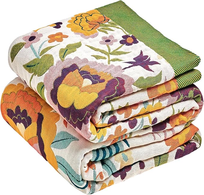 Boho Throw Blanket - 90"x108" 100% Cotton Ultra Soft Lightweight Blanket, 4-Layer Breathable Muslin Spring Blankets for Bed Couch, Reversible Green Floral Bird Printed Bohemian Cotton Quilt
