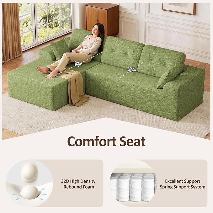 Ball & Cast 106''Modular Boneless Sectional Couch,Chenille Cloud Couch w/Wider Armrest and Pillow,Upholstered Convertible Comfy Sofa Couches for Living Room,High Weight Capacity,Right Facing(Green)