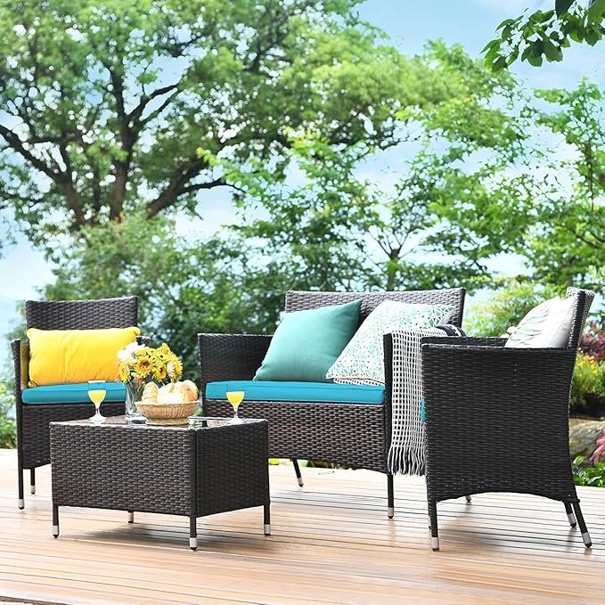 COSTWAY Outdoor Rattan Patio Furniture Set 4 Pieces, Wicker Rattan Cushioned Conversation Conversation Chairs with Coffee Table for Backyard Balcony Porch Poolside, Turquoise