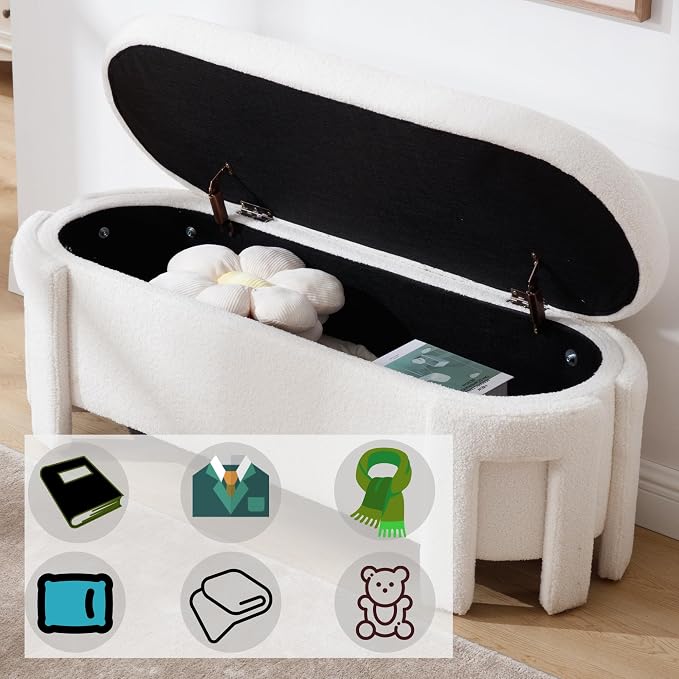 50" Ottoman Storage Bench, Modern End of Bed Bench with Upholstered Seating, Comfy Cute Oval Entryway Bench for Living Room/Bedroom/Entrance/Hallway, Sherpa White - Image 4