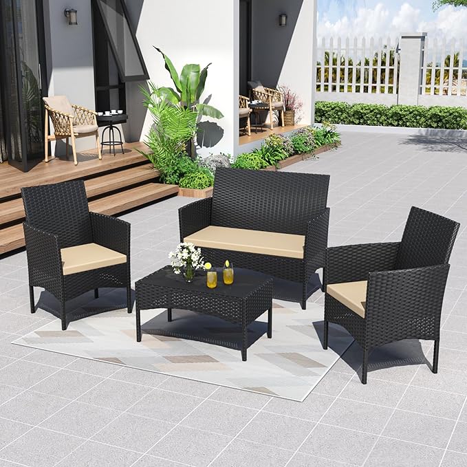 ALAULM 4 Pieces Patio Furnitrue Set Outdoor Patio Conversation Set Wicker Chairs w/Soft Cushions and Glass Coffee Table for Lawn, Backyard, Porch, Poolside-Brown
