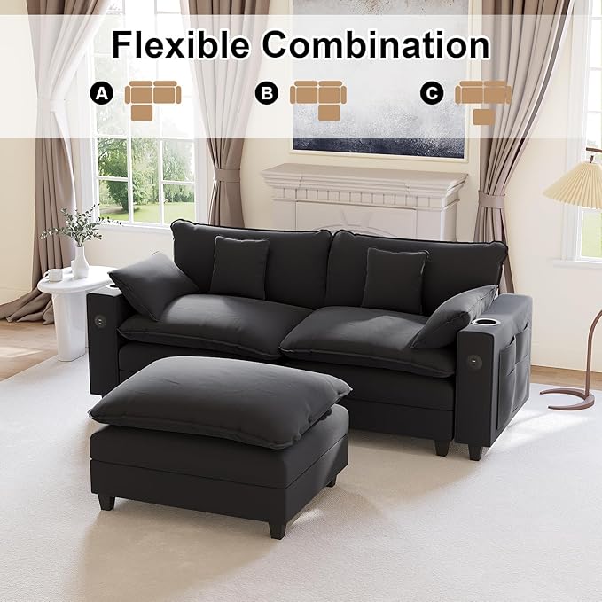 80.7" Modular Sectional Sofa, L Shaped Cloud Couch with Movable Ottoman, Chenille Deep Seat Cloud Sofa with Charging Station, Cup Holder, Side Pocket, Sectional Couches for Living Room, Black