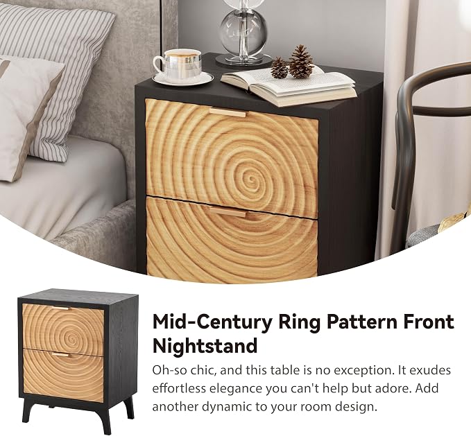 COZAYH 2-Drawer Farmhouse Nightstand with Handcrafted Wood Ring Motif, Black Nightstand for Bedroom, Fully-Assembled, Morden Rustic - Image 3