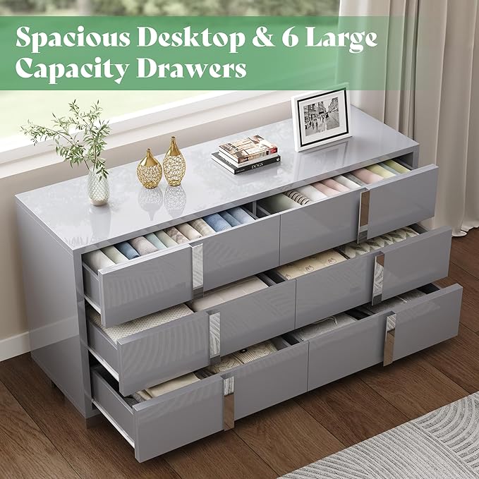 AMERLIFE 4 Piece Bedroom Dresser Set, Modern High Gloss UV Finish, 2 Nightstands, Chest of 5 Drawers & 6-Drawer Dresser, Electroplated Metal Handles, Bedroom Furniture Set, Grey
