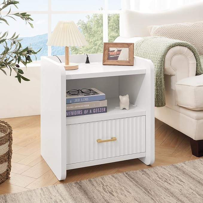 Night Stand with Charger Station, Fluted Wood Nightstand with Drawer Storage, Modern Bedside Table, Wide Nightstands for Bedroom, Mid Century Wooden Night Stands for Home Office Sofa Couch - Image 5