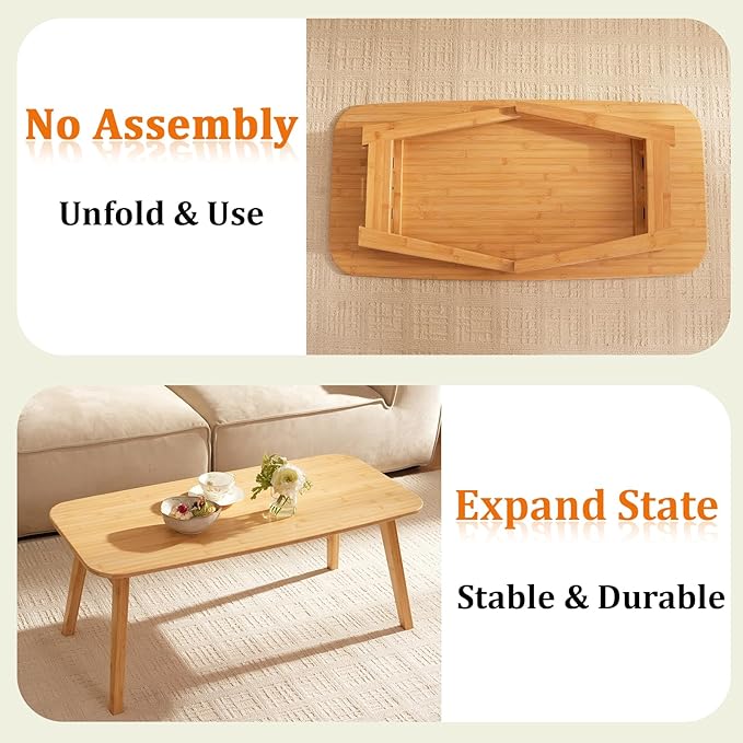 Coffee Table Foldable Mid Century Desk TV Stand with Open Storage Shelf Center Table for Living Room Furniture RV No Assembly, Natural (39.37IN)