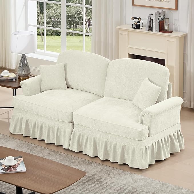 KEIKI Mid Century Modular Sofa with Flared Arms and Skirted Design, 76" Loveseat Chenille Sectional Couches for Living Room, Soft Apartment Size Couch, Home Sofa Bedroom Furniture, Beige White
