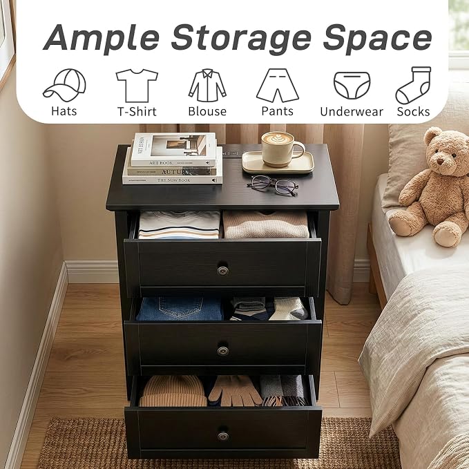 Karl home Farmhouse Nightstand with Charging Station, Wide End Table with 3 Large Drawers & Mental Handles, Wood Small Side Table of Drawers for Bedroom, Closet, Black - Image 9