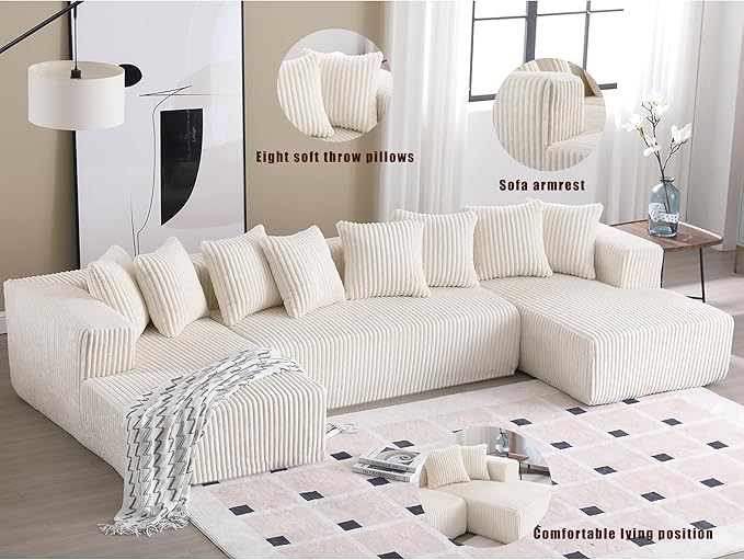133" Oversized U-Shaped Modular Sectional Sofa, No Assembly Required Floor Couch, Memory Foam Cloud Sofa with 11 Lumbar Pillows, Corduroy Upholstery | Breathable material, Non-Slip, Wider Armrest