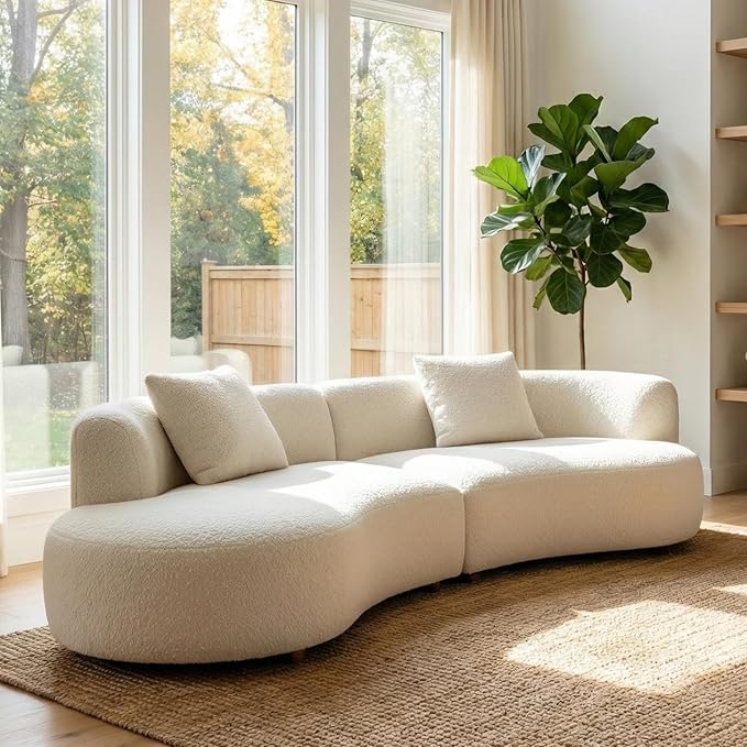 Acanva Modern Curved Sectional Living Room Couch, Minimalist Comfy Boucle Fabric Modular Sofa for Apartment, Home Office, 114" W Left Hand Facing, White