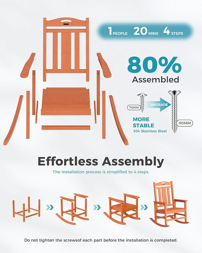 Ciokea Oversized Outdoor Rocking Chairs Set of 2, 380lbs Heavy-Duty Large Patio Rocker, High Back Cozy Porch Chairs, Weather Resistant Patio Rocking Chairs for Outside, Fire Pit, Deck, Orange - Image 8