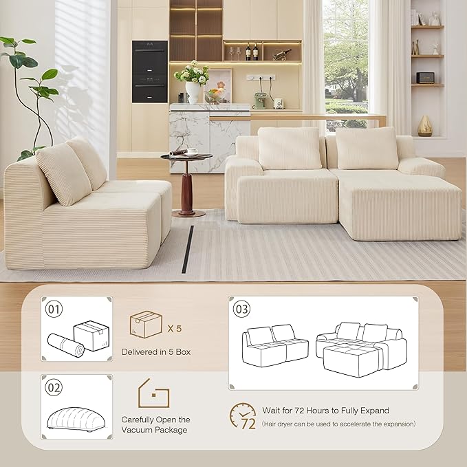 Modular Sectional Sofa, Boneless Couches for Living Room, Corduroy Couch, Big Comfy Couch, Modular Cloud Sofa with Deep Seat (White, 5 Pieces-Side Shape)