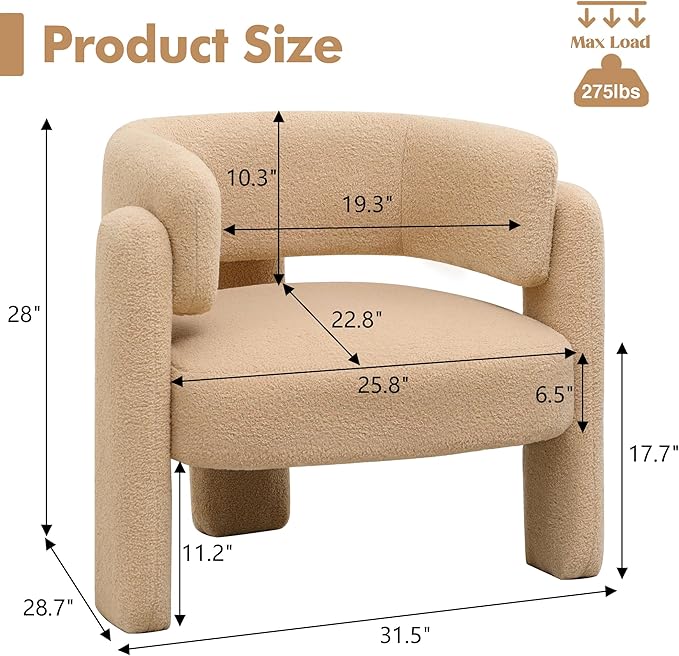 Accent Chair for Living Room, Modern Sherpa Barrel Chair, Upholstered Living Room Chairs with 3 Legs, Comfy Armchair Reading Side Chair for Bedroom, Office, Apartment, Khaki