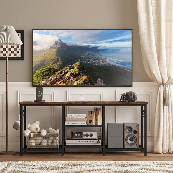 YGEOMER Entertainment Center for TVs Up to 55 Inch, TV Stand with Power Outlet and Open Storage Shelves, TV Media Console Table for Living Room and Bedroom, Rustic Brown - Image 5