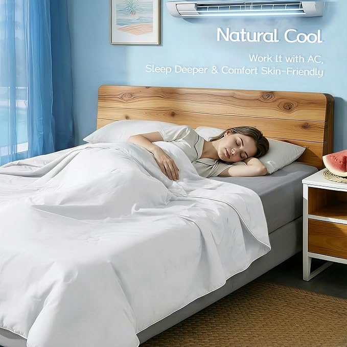 Queen Cooling Comforter with Tencel™ Fill for Hot Sleepers & Night Sweats - Lightweight, Breathable, Double-Sided Cold Blanket All Season Thin Bedding (White, Full 90"x 90")