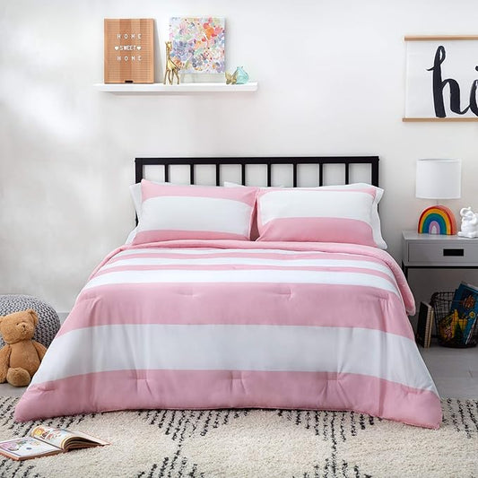 LINENSPA All Season Hypoallergenic Down Alternative Microfiber Comforter, Queen, Pink/White