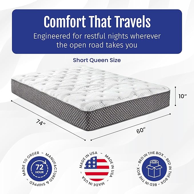 WanderRest Cool Hybrid 10” RV Mattress, Short Queen 60x74, Medium, Cooling Gel Memory Foam & Pocketed Coil Mattress for RV, Camper, or Travel Trailer, Made in USA