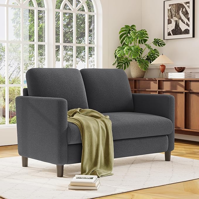 Loveseat Sofa, 51" Love Seat, Comfy Teddy Small Loveseat for Small Spaces, Tool-Free Setup Sofa Couch for Bedroom, All-Wood Couches for Living Room, No Pillow Included, Grey