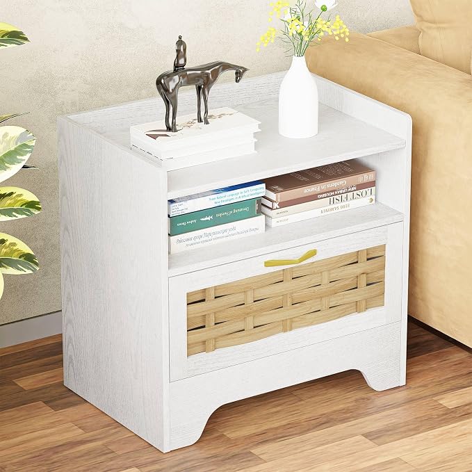 24" Rattan Nightstand, Boho Night Stand with Open Storage, White Bedside Table with Drawer, Bed Side End Table Dresser for Bedroom, Living Room, Hallway - Image 6