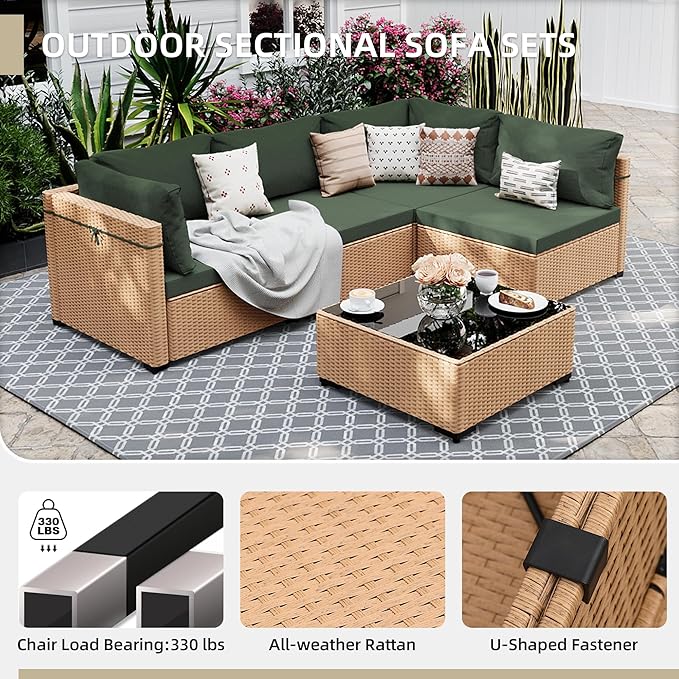 UPHA 5 Pieces Patio Furniture Sets, Wicker Outdoor Sectional Sofa Couch with Coffee Table, Patio Conversation Set for Deck Backyard Garden, Beige Rattan, Pine Green Cushion