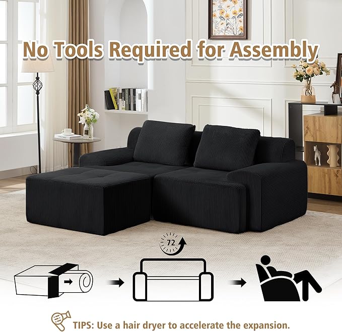 KIGOTY Modular Sectional Sofa, 3 PCS Comfy Cloud Sectional Couch with Deep Seat, L-Shaped Corner Sofas with Ottoman, Modern Boneless Couch for Living Room, No Assembly Required,Black