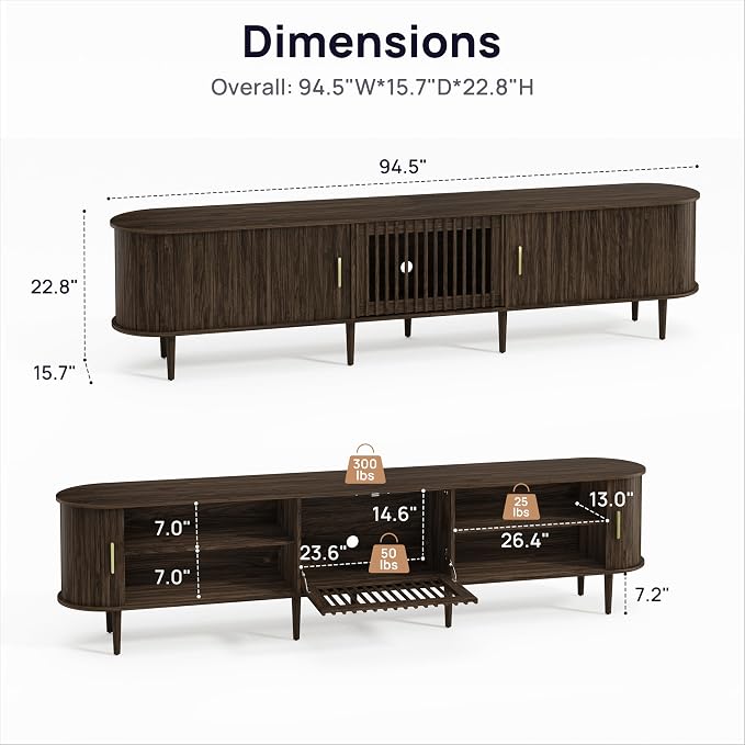 94.5" Fluted Mid Century Modern TV Stand for TVs Up to 80/85/86/90/98/100", Tambour Sliding Doors Entertainment Center with Storage&LED, Curved Media&TV Console Long TV Stands for Living Room, Walnut - Image 2