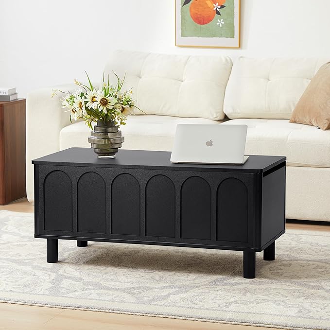 Lift Top Coffee Table with Arched Finish, Modern Coffee Table with Lifting Tabletop & Hidden Storage, Wood Center Table for Living Room,Convenient for Dining, Gaming or Working (Black)