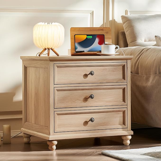 Joaxswe Farmhouse Nightstand with Charging Station, 24" Wide End Table with 3 Drawers,Natural Wood Dresser for Bedroom, Bed Side Table Chest of Drawers Cabinet,Night Stand for Living Room, Closet - Image 3