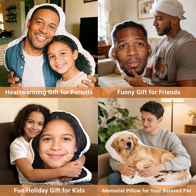 Custom Photo Shaped Pillow, Personalized Face & Pet Pillow, Funny Customized Throw Pillow Gift for Boyfriend Girlfriend Mom Dad, Pet Memorial Gift, Birthday Christmas White Elephant