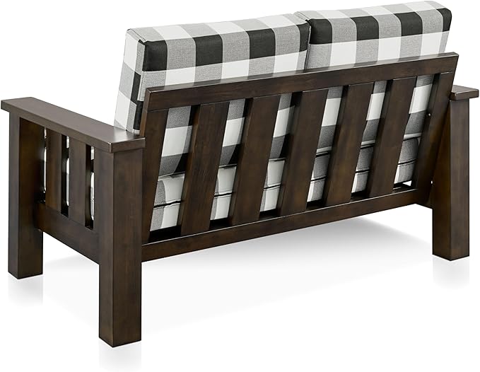 Furniture of America Gavik Modern 2-Piece Solid Wood Sofa Set with Plaid Removable Cushions, Black and White Upholstery Fabric, Comfortable Couch and Loveseat for Living Room, Dark Walnut