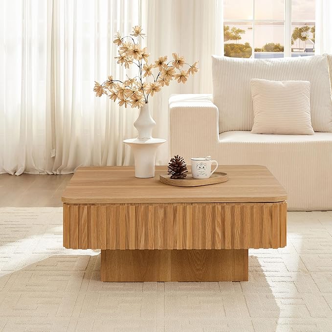 WILLIAMSPACE 35.43" Lift Top Coffee Table with Hidden Storage & Sturdy Base, Modern Luxury Square Wood Handcraft Drum Center Table Accent End Tea Table for Living Room, Minimalist Fluted Design, Oak