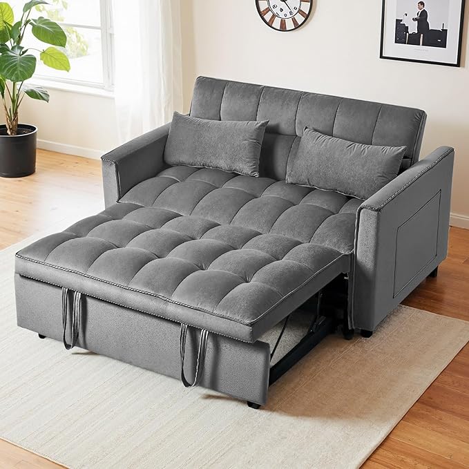 3 in 1 Sleeper Sofa Bed, Pull Out Couch, Convertible Futon Loveseat with krest, Dinotefuran Living Room Chaise Lounr Home Apartment Office, Dark Grey